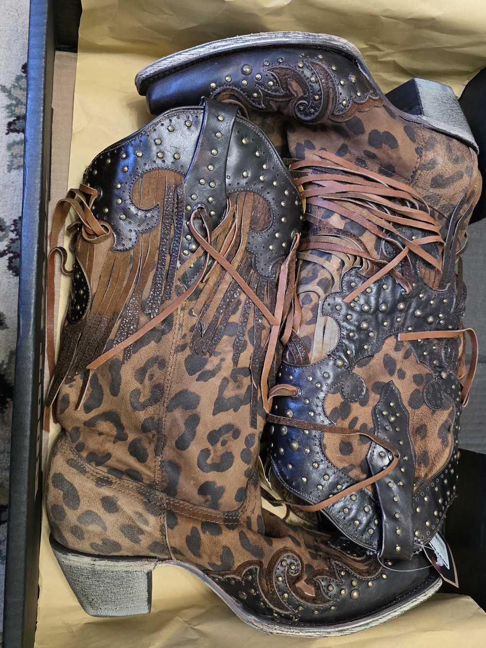 Corral Leopard Print Fringe Western Boots - Brown - Picture 2 of 6